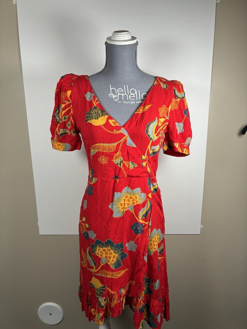 Basement S Red Floral Faux Wrap Dress Ruffle Hem Puff Sleeve Boho Midi Rayon